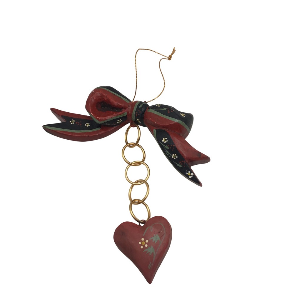 Vintage 1990 H of H Hand Painted Wood Bow and Heart Christmas Ornament Folk Art
